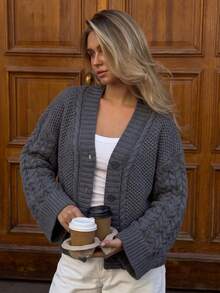 Senya 2026 Women's Grey Cable Knit Cardigan, V-Neck Front Button Chunky Knit Sweater, Loose Drop Shoulder Quiet Luxury Style Autumn/Winter Fashion - Grey - View 6