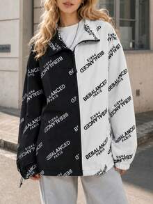1pc Women's Sports Outdoor Style Letter Print Colorblock Baseball Jacket Zip-Up Cardigan Cycling Climbing Top Loose Fit Adjustable Hem - Black and White - View 3
