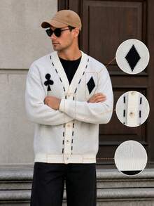 Men's Casual Fashion Daily Commute Home Poker Card Element Cardigan Sweater Fun Argyle Color Block V-Neck Knit Jacket Autumn/Winter - Apricot - View 2