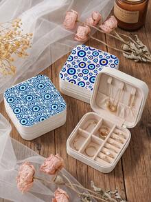 Blue Evil Eye Travel Jewelry Case Portable Small PU Leather Jewelry Box Organizer Storage For Rings Earrings Necklaces Bracelets Gifts For Women - White - View 3