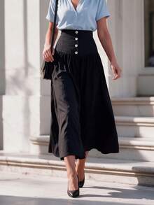Women's Black High Waist A-Line Midi Skirt With Front Button And Ruched Detail, Casual Commute, Elegant Party Long Skirt, Autumn Women's Clothing, Office Wear, Vintage - Black - View 9