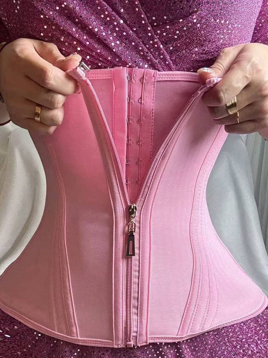 女款休閒運動黑色布料拉鍊腰帶,微彈性對比網格設計 - 粉色 - 查看 1
