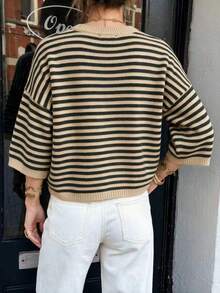 Women's New Autumn Contrast Color Striped Knit Top, Casual Daily Commute College Style - Khaki and Black - View 8