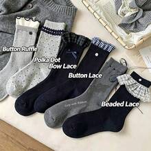 Random 1 Pair Cute Girly Plaid Lace Trim Mid-Calf Socks, Versatile Autumn/Winter Style - Multicolor - View 1