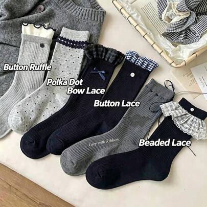Random 1 Pair Cute Girly Plaid Lace Trim Mid-Calf Socks, Versatile Autumn/Winter Style