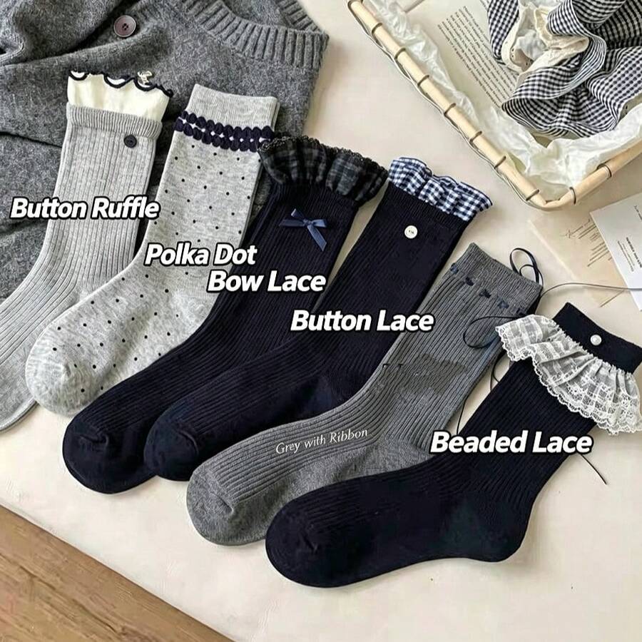 Random 1 Pair Cute Girly Plaid Lace Trim Mid-Calf Socks, Versatile Autumn/Winter Style - Multicolor - View 1