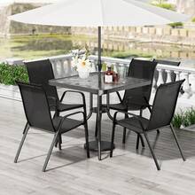 Conjunto de muebles de jardín MAMIZO, 5 piezas, para uso en exteriores en cualquier clima, con mesa de 76 x 76 cm y 4 sillas apilables de tejido textil, mesa y sillas de metal para patio, césped, jardín, borde de piscina y patio trasero. - Negro - Ver 1