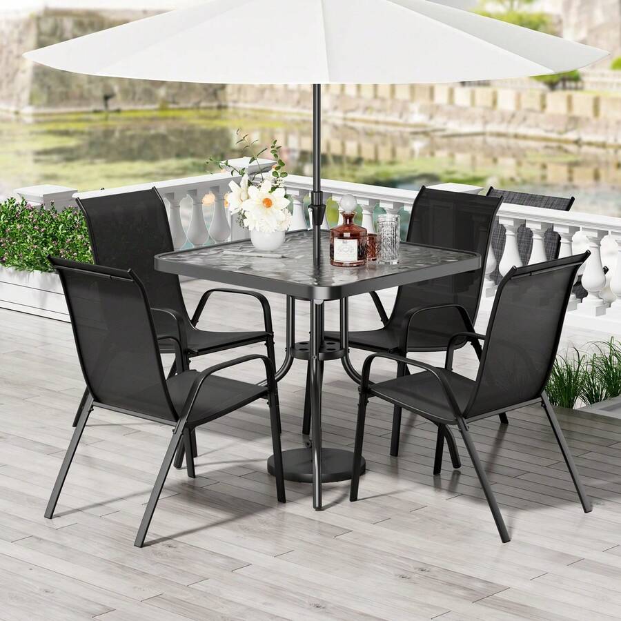 Conjunto de muebles de jardín MAMIZO, 5 piezas, para uso en exteriores en cualquier clima, con mesa de 76 x 76 cm y 4 sillas apilables de tejido textil, mesa y sillas de metal para patio, césped, jardín, borde de piscina y patio trasero. - Negro - Ver 1