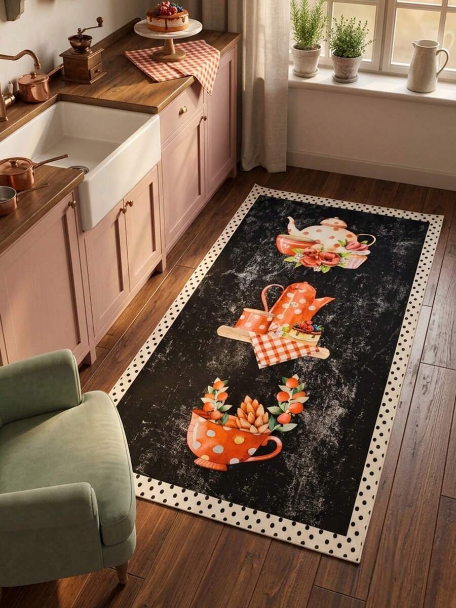 Non-Slip, Washable, Digitally Printed Rug, Runner, Kitchen Rug - Black - View 1