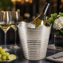Nickel-Plated Iron Ice Bucket With Wavy Rim And Hammered Texture, Metal Wine And Beer Bottle Chiller For Parties And Events, 23x23x23 Cm - View 4