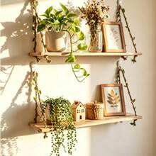 2 piezas Estante colgante de pared sin taladro, Estante de decoración de pared estilo bohemio, Estante para exhibición de suculentas, Estante de almacenamiento de pared, Estante de pared para el hogar, Estante de pared con cuerda de ratán, Estante de exhibición de decoración de pared sin agujeros - 2pcs - Ver 2