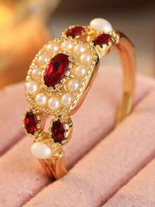 YOYO Nhẫn nữ thời trang vintage, đính zirconia tổng hợp màu đỏ, phụ kiện phong cách tiệc hẹn hò - Vàng - Xem 8
