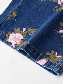 Girls' Vintage Rose Floral Print Wide Leg Denim Jeans, Elastic Waist Loose Casual Denim Pants, Suitable For Daily School Wear - Blue - View 6