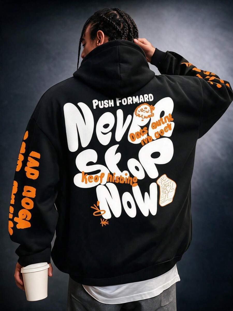 SU ER Men's Autumn/Winter Printed Loose Hoodie | Leading Fashion - Black - View 1