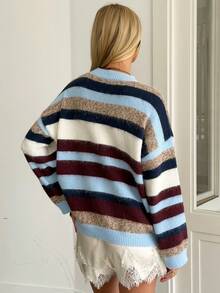 Women Striped Fuzzy Knit Sweater Round Neck Long Sleeve Loose Fit Color Block Pullover Casual Winter Jumper - Multicolor - View 3