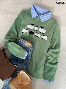 Women's Plus Size Autumn/Winter Fresh Bean Green Round Neck Knitted Sweater, Cute Sheep Jacquard Pattern, Loose Drop Shoulder, Soft Casual Everyday Top - Green - View 3