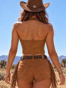 Women's Summer-Autumn Holiday Halter Slim Fit Faux Suede Fabric, Bust Slim Daily Commute Back-To-School Vest, Suitable For Autumn/Winter Inner Layer. - Brown - View 2