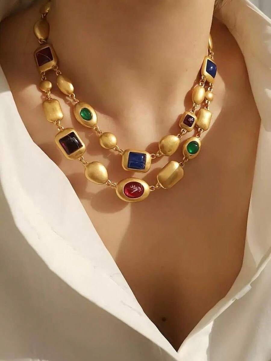 European And American Niche Vintage Colorful Double-Layer Matte Necklace, Luxury High-End Vintage Layered Collarbone Chain - Gold - View 1