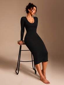 Solid Color Long Sleeve V-Neck Slim Fit Mid-Length Dress, Casual Black Elastic Spring Women's Dress - Black - View 3