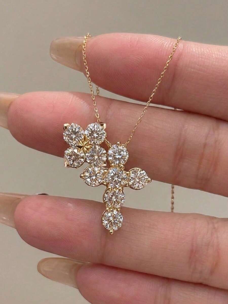 1pc Fashion Minimalist Cross Copper Inlaid CZ Gold Pendant Necklace, Suitable For Women's Daily, Party And Date Wear