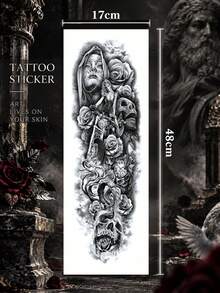 Men's Large Full Arm Waterproof Temporary Tattoo Stickers, Realistic Wolf Rose Skull Clock Fake Body Tattoo, Suitable For Arms & Thighs, Holiday Party And Vacation, Lasts 2-5 Days - Halloween - View 8