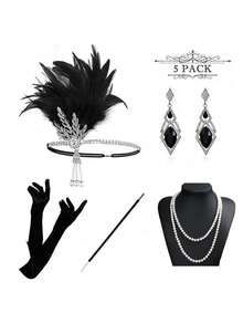 1 Set 5pcs Aksesori Rambut Daun Rhinestone Gaya 1920-an, Set Gaya Flapper untuk Wanita, Cocok untuk Pesta Tema 1920-an, Pernikahan, dan Tampilan Halloween Vintage - Hitam - View 1