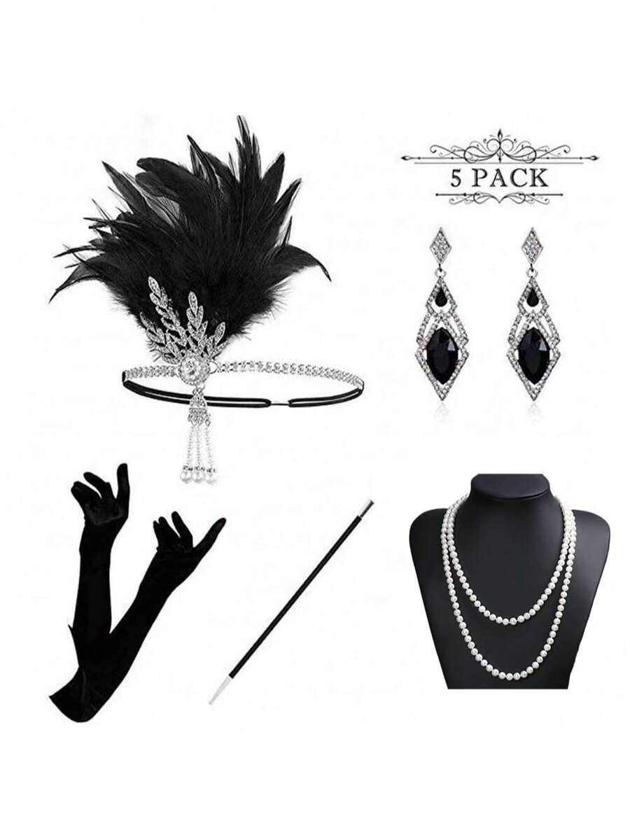 1 Set 5pcs Aksesori Rambut Daun Rhinestone Gaya 1920-an, Set Gaya Flapper untuk Wanita, Cocok untuk Pesta Tema 1920-an, Pernikahan, dan Tampilan Halloween Vintage - Hitam - View 1