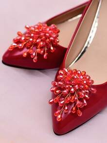 1 Pair Elegant Red Crystal Bridal Shoe Buckles, Handmade Detachable Shoe Flowers For Wedding Banquet High Heel Shoes Decoration - Red - View 4