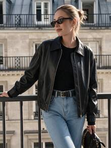 Women's Fashion Black PU Leather Jacket, Zipper Closure, Long Sleeve Lapel Collar, Regular Length, Suitable For Autumn/Winter Fashion Outfits - Black - View 3