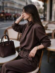Ebony Fashion Asymmetrical Placket High Neck Long Sleeve Woven Top, Button Detail Design, Regular Length, Suitable For Autumn/Winter Wear - Brown - View 3