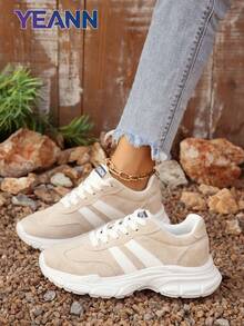 Khaki Striped Faux Suede Chunky Chunky Sneakers For Women - Khaki - View 2