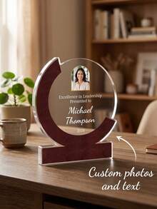 1pc Custom Photo And Text Acrylic Wood Plaque Award, Crescent Circle Personalized Trophy, Engraved Recognition Award For Leadership Excellence, Employee Appreciation Desktop Keepsake Gift - Multicolor - View 1