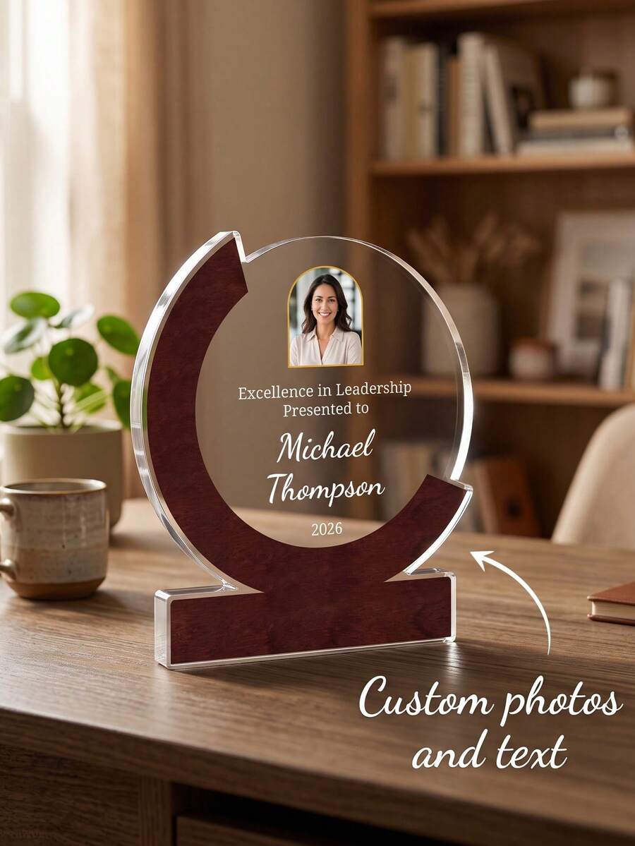 1pc Custom Photo And Text Acrylic Wood Plaque Award, Crescent Circle Personalized Trophy, Engraved Recognition Award For Leadership Excellence, Employee Appreciation Desktop Keepsake Gift - Multicolor - View 1