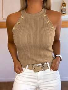 ChicMe Women's Halter Neck Knitted Vest Top, Gold Button Cable Knit Sleeveless Fitted Fashion Top - Khaki - View 3