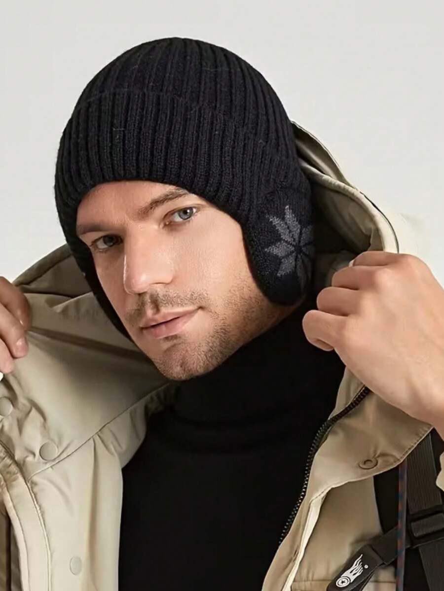 2pcs Unisex Thick Fleece Knit Winter Hat - Snowflake Pattern Design, 100% Polyester, Mixed Color, Dry Clean Only, Warm Ear Protection - Multicolor - View 1