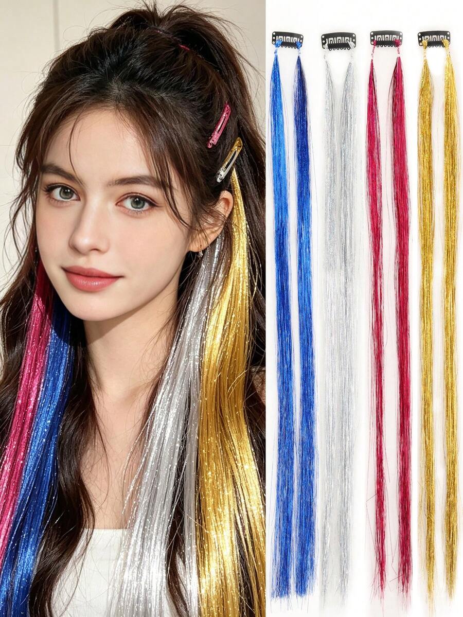 1pc 24 Inch Shiny Silver Tinsel Hair Strands With BB Clip, Clip-In Sparkly Glitter Hair Extensions For Music Festival, Party And Y2K Hairstyles - Multicolor - View 1