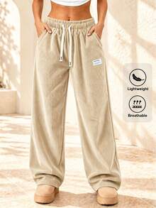 Beige Soft Corduroy Pants For Women, Wide Leg Pants, Baggy Pants, Fall Pants, Winter Pants, Lightweight, Elastic Drawstring Waist, Side Pockets - Apricot - View 6