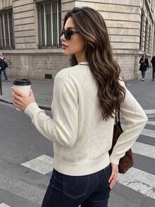 Women's Fall Winter Cream Bow Neck Knit Cardigan, Long Sleeve Diamond Hollow Out Sweater, Button Front Casual Knit Jacket For Daily& Date - Apricot - View 2