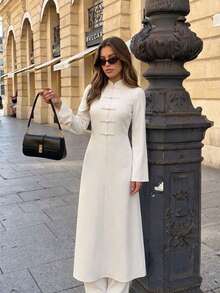 Women's Apricot Non-Stretch 2 Pieces Set: Stand Collar Frog Button Long Coat And Pants, Suitable For Casual Daily Wear - Apricot - View 3