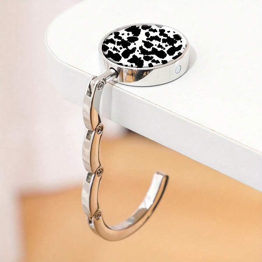 2D Leopard Print Black & White Geometric Zinc Alloy Wallet Hook, Casual Style Folding Handbag Hook, Portable Desktop Bag Holder, Suitable For Home And Retail Use - Multicolor - View 1