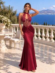 Đầm dạ hội đuôi cá dài ôm sát màu đỏ rượu vang, cổ yếm, hở lưng, corset xương cá, phối ren và satin, dành cho tiệc và vũ hội - Màu Đỏ Sâu - Xem 6