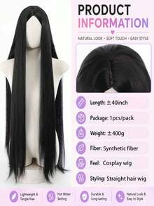40"Long Black Wig For Women Straight Middle Part Synthetic Wig For Cosplay Halloween - Multicolor - View 5