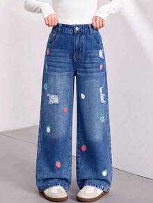 Girls' Blue Straight-Leg Jeans With Energetic Strawberry Print Accents, Personalized Distressed Details, Loose Straight Fit, Comfortable And Casual, Versatile And Timeless - Blue - View 8