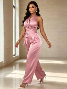 Women's Elegant 2 Pieces Set, Layered Neckline Fitted Cropped Top With High-Waisted Wide Leg Pants - Pink - View 3
