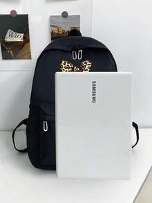 Simple Solid Color Versatile Large Capacity Student B Ackpack Back To School Bookbag - Black - View 2