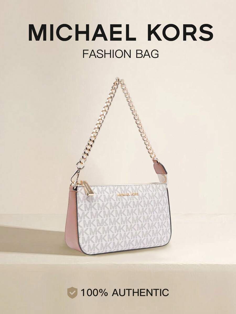 Michael Kors Jet Set Medium Signature Logo Women's Shoulder Bag, Elegant Casual Zipper Square Clutch Wallet With Metal Chain, Evening/Party Bag - White Pink - View 1