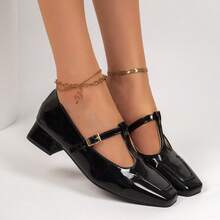 Women's Square Toe Glossy Mary Jane Shoes With Buckle T-Strap And Chunky Heel, Daily Commute Versatile Low Vamp Shoes - Black - View 5