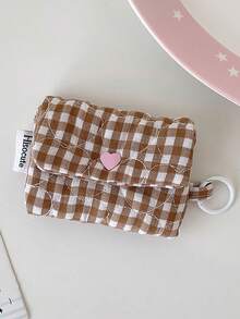 Cute Gingham Quilted Mini Pouch, Heart Snap Button Small Coin Purse With Keyring, Portable Earbud Sanitary Napkin Storage Bag - Multicolor - View 8