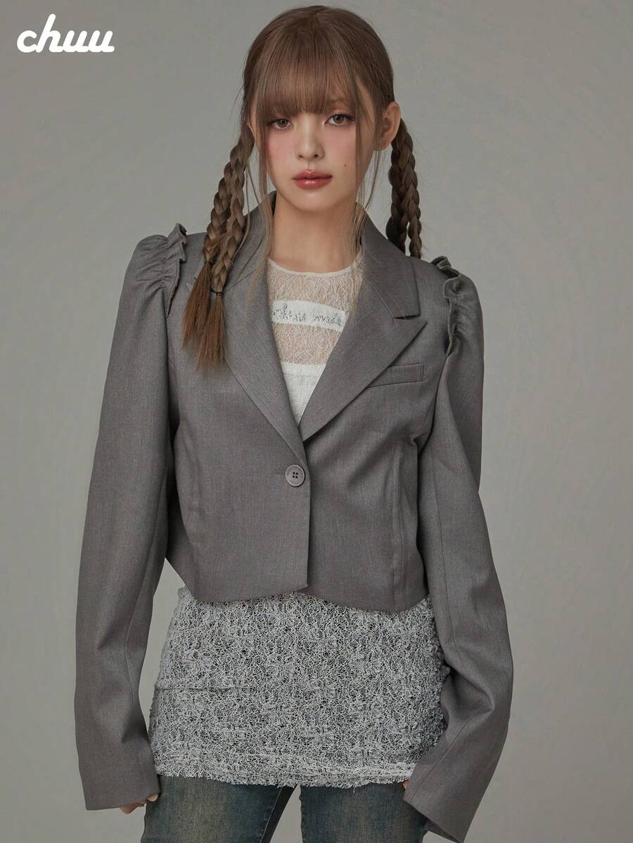 CHUU Letter Print Loose Fit Frill Trim Long Sleeve Casual Blazer Short Jacket For Women, Autumn - Grey - View 1