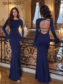 QUNGIGU Women Elegant Boat Neck Dress Backless Flare Sleeve Tie Back Fall Apparel For Wedding Guest Going Out Dating - Blue - View 2